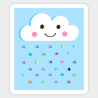 Rainbow Raindrops, Happy Rain Cloud, on Blue Sticker